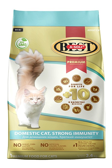A-SOLI  BEST Для домаш.кошек, Крепкий иммунитет 1,2 кг [3вн.пак*0,4кг]*10