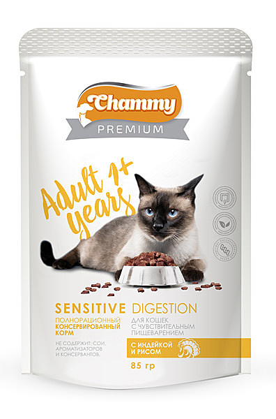 Chammy Premium д/к с чувствительным пищеварением, пауч с индейкой и рисом 85гр*24